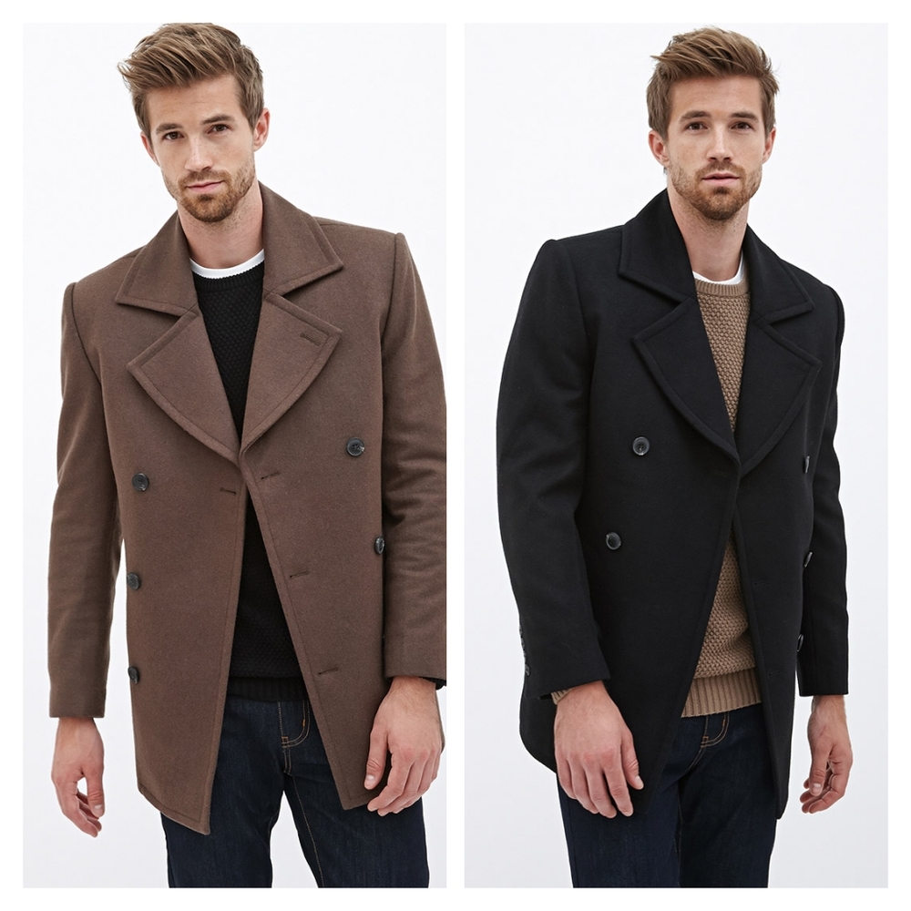 Forever 21 Men's Wool Blend Double Breasted Pea Coat in Dark Brown Size XL